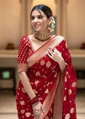 red Colour Zair Work Jacquard Weave Banarasi Silk Saree