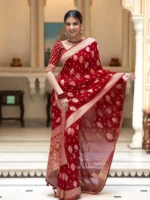 red Colour Zair Work Jacquard Weave Banarasi Silk Saree