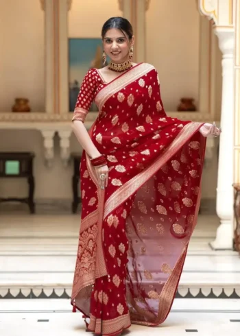 red Colour Zair Work Jacquard Weave Banarasi Silk Saree