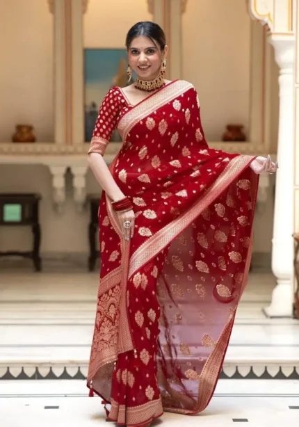 red Colour Zair Work Jacquard Weave Banarasi Silk Saree