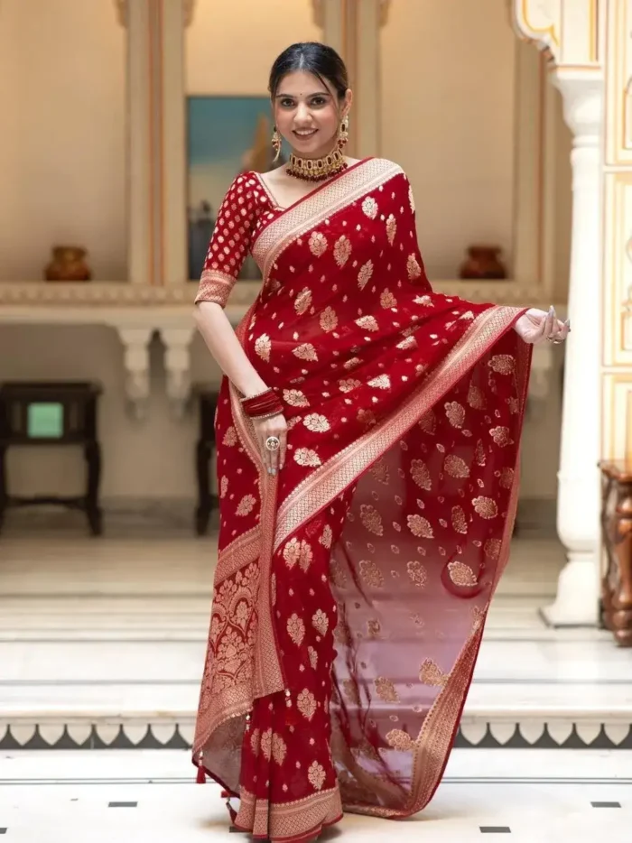 red Colour Zair Work Jacquard Weave Banarasi Silk Saree