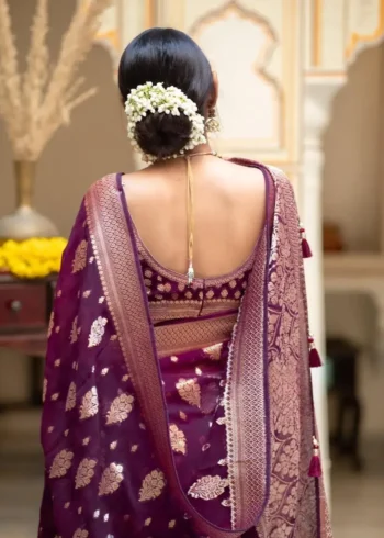 Wine Colour Zair Work Jacquard Weave Banarasi Silk Saree