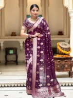 Wine Colour Zari Work Jacquard Weave Banarasi Silk Saree