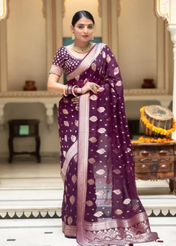 Wine Colour Zari Work Jacquard Weave Banarasi Silk Saree