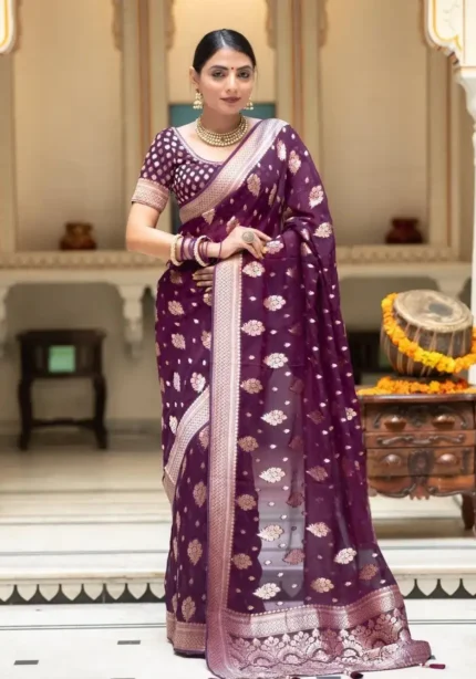 Wine Colour Zari Work Jacquard Weave Banarasi Silk Saree