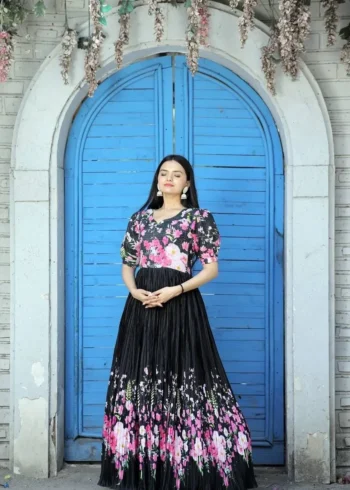 Black Rich Digital Printed Muslin Crochet Designer Gown