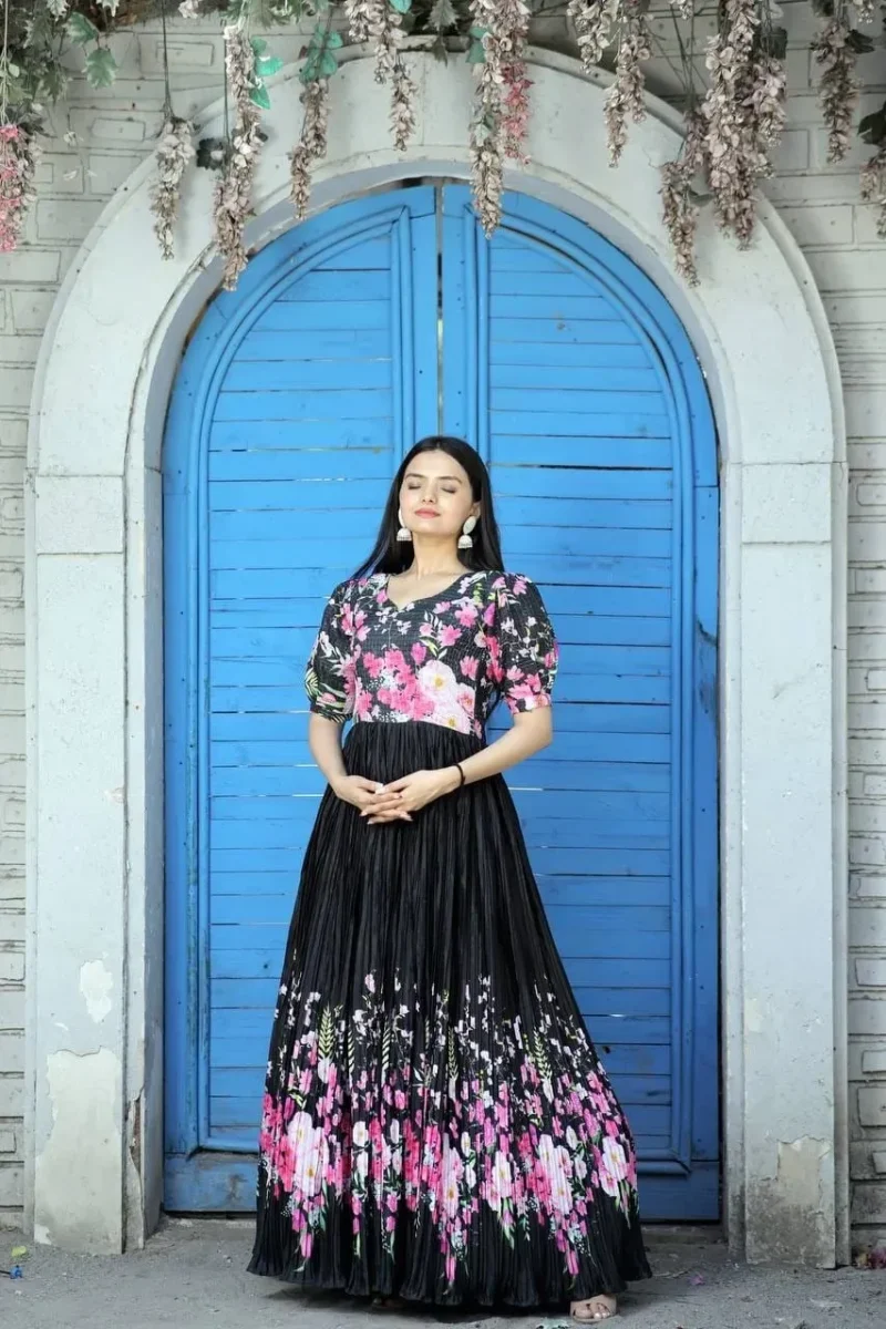 Black Rich Digital Printed Muslin Crochet Designer Gown