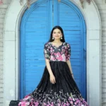 Black Rich Digital Printed Muslin Crochet Designer Gown