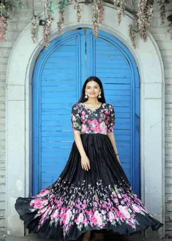 Black Rich Digital Printed Muslin Crochet Designer Gown