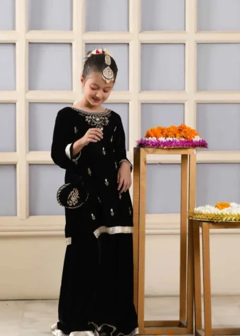 Black Velvet Kids Sharara Suit for Winters