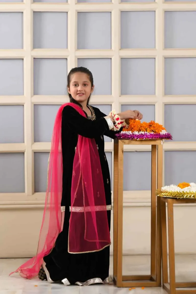 Black Velvet Kids Sharara Suit for Winters