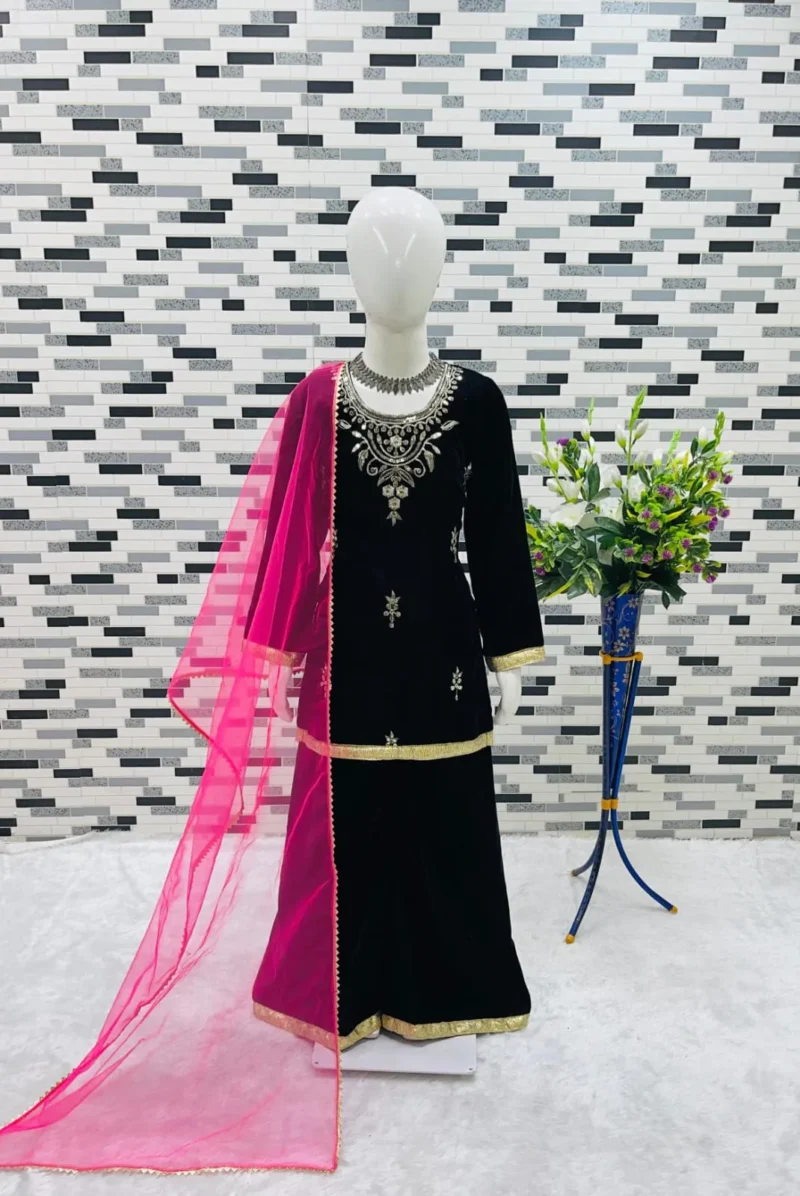 Black Velvet Kids Sharara Suit for Winters