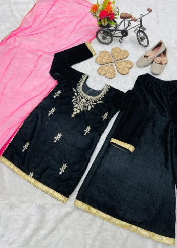 Black Velvet Kids Sharara Suit for Winters
