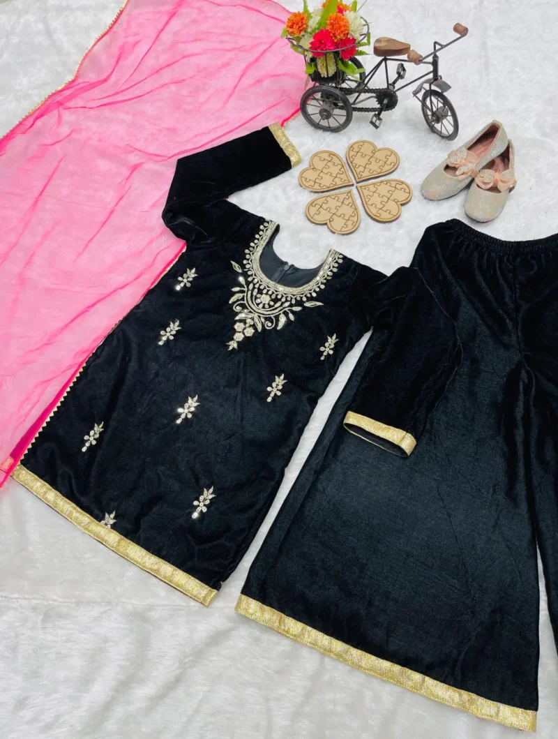 Black Velvet Kids Sharara Suit for Winters