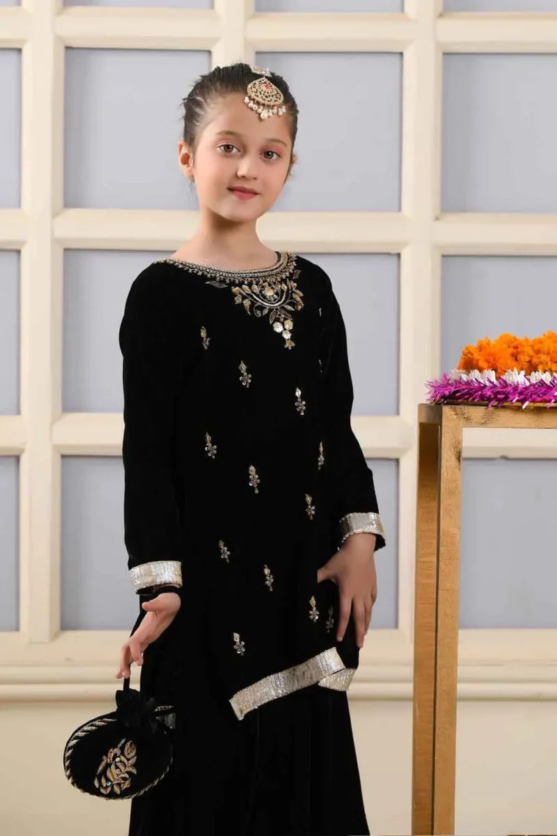 Black Velvet Kids Sharara Suit for Winters