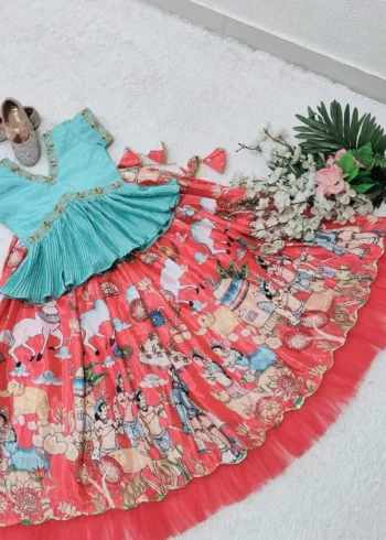 Chinon Silk Printed Embroidered Kids Lehenga choli