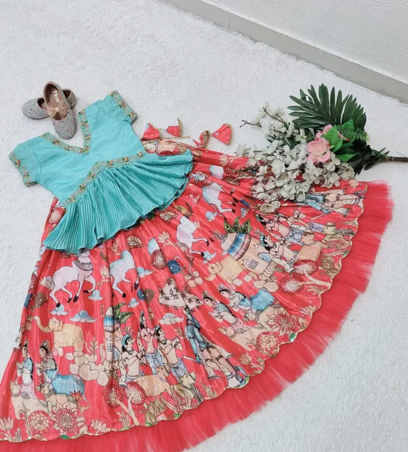 Chinon Silk Printed Embroidered Kids Lehenga choli