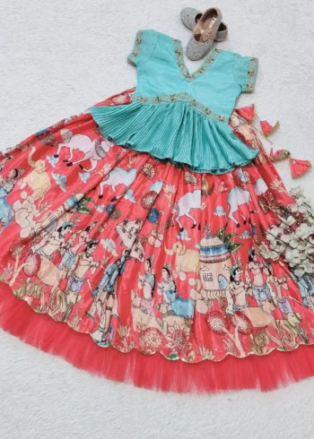 Chinon Silk Printed Embroidered Kids Lehenga choli