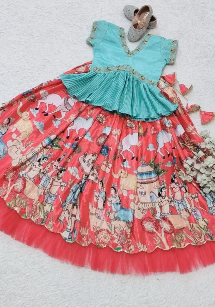 Chinon Silk Printed Embroidered Kids Lehenga choli