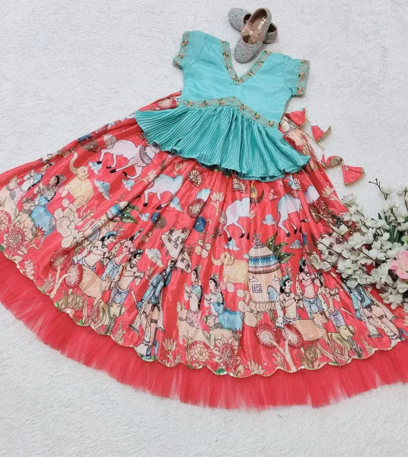 Chinon Silk Printed Embroidered Kids Lehenga choli
