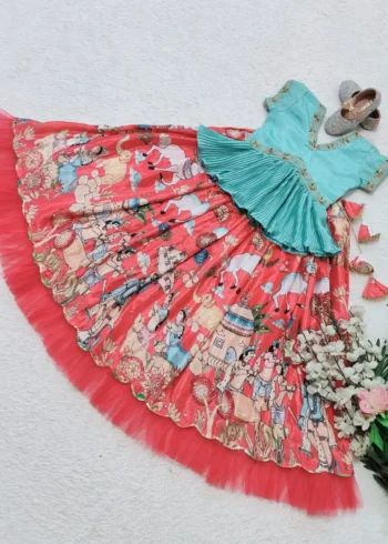 Chinon Silk Printed Embroidered Kids Lehenga choli