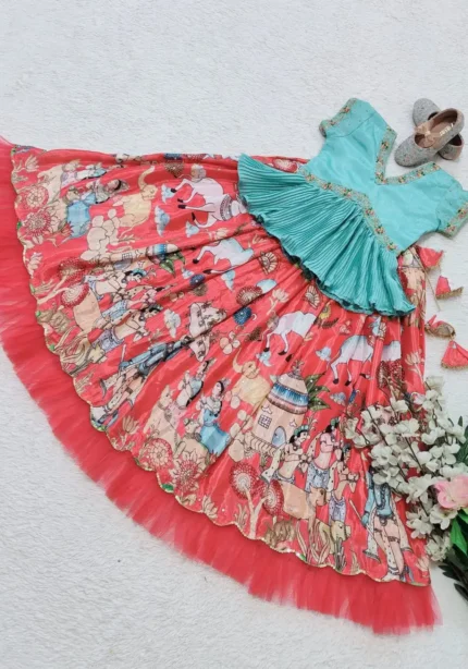 Chinon Silk Printed Embroidered Kids Lehenga choli