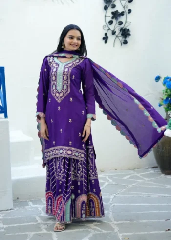 Coding Sequence Embroidery Work Chinon Sharara Suit for Wedding