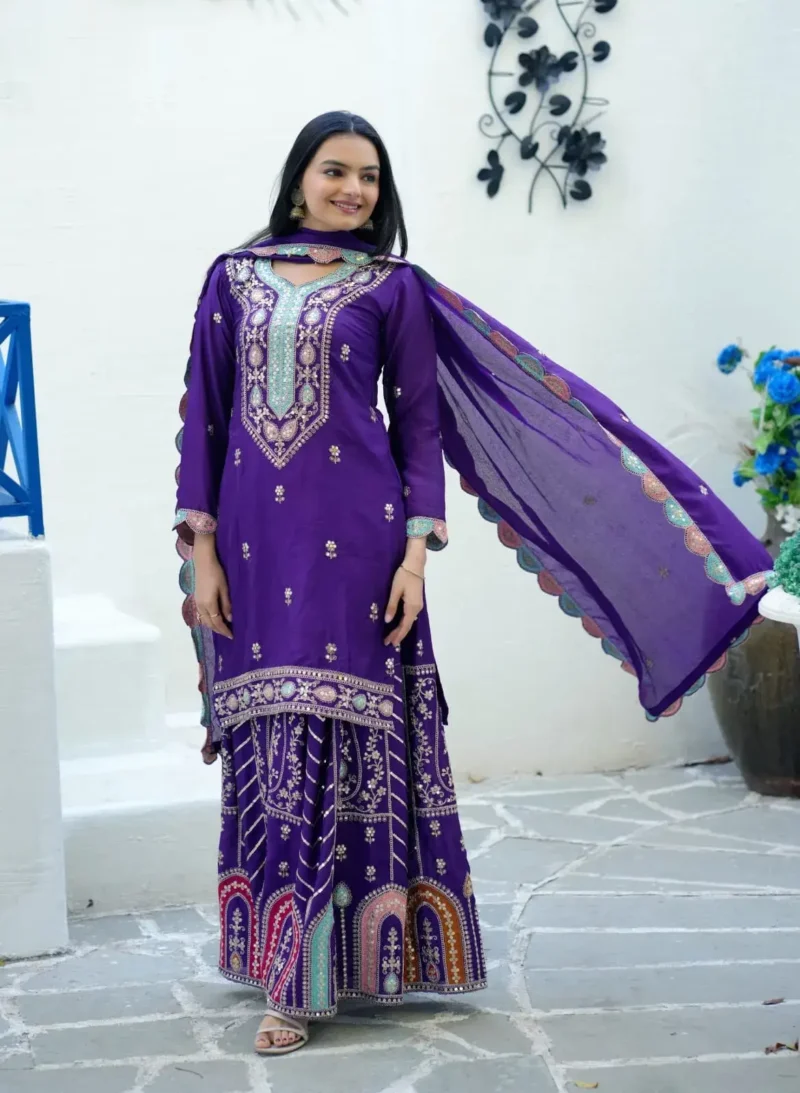 Coding Sequence Embroidery Work Chinon Sharara Suit for Wedding