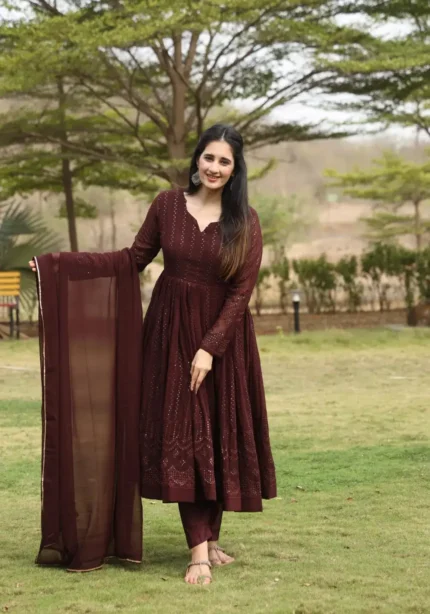 Coffee Color Sequins Embroidered Georgette Anarkali Suit