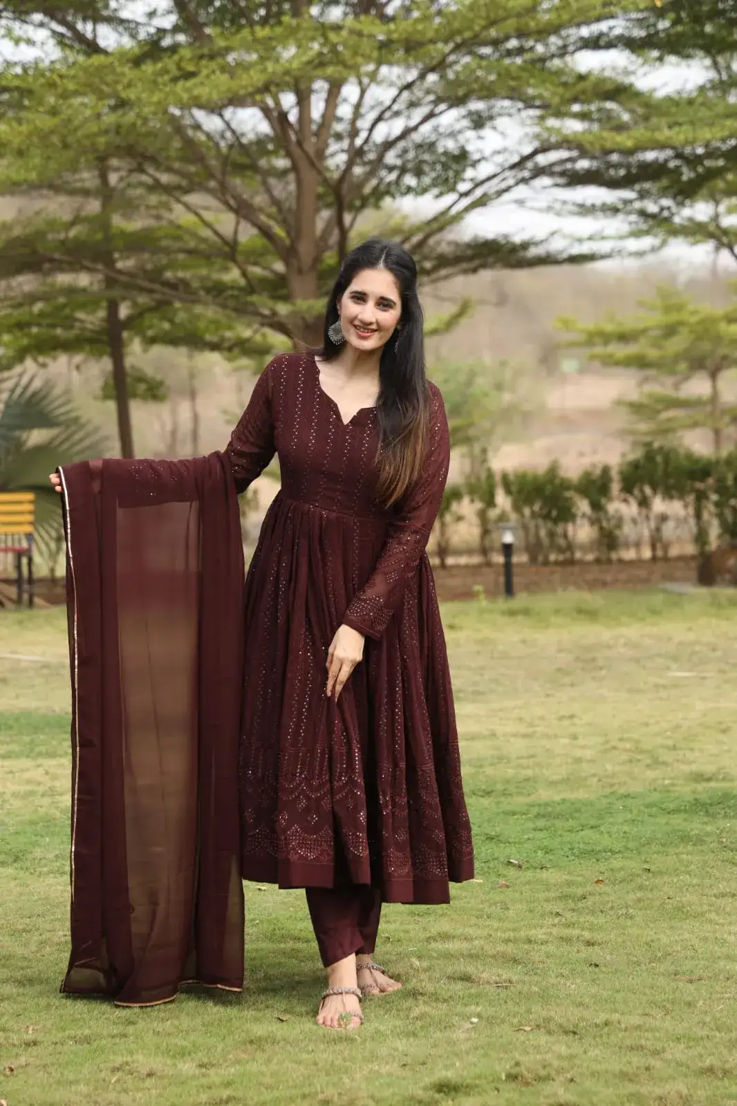 Coffee Color Sequins Embroidered Georgette Anarkali Suit