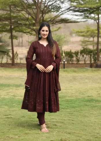 Coffee Color Sequins Embroidered Georgette Anarkali Suit