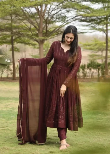 Coffee Color Sequins Embroidered Georgette Anarkali Suit