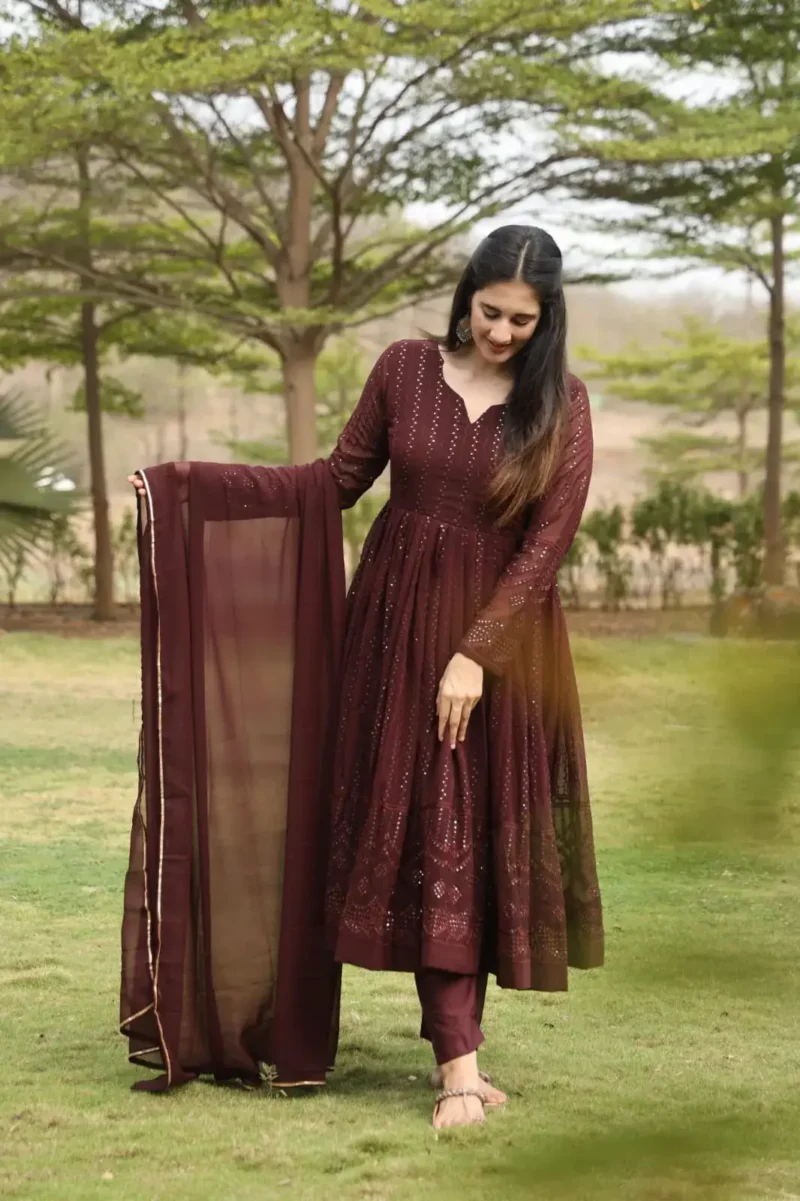 Coffee Color Sequins Embroidered Georgette Anarkali Suit