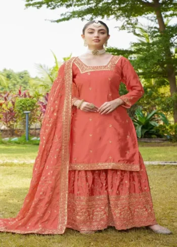 Coral Pink Designer Embroiderd Chinon Suit with Sequins Embroidery Work