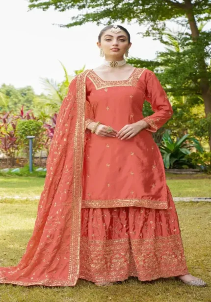 Coral Pink Designer Embroiderd Chinon Suit with Sequins Embroidery Work