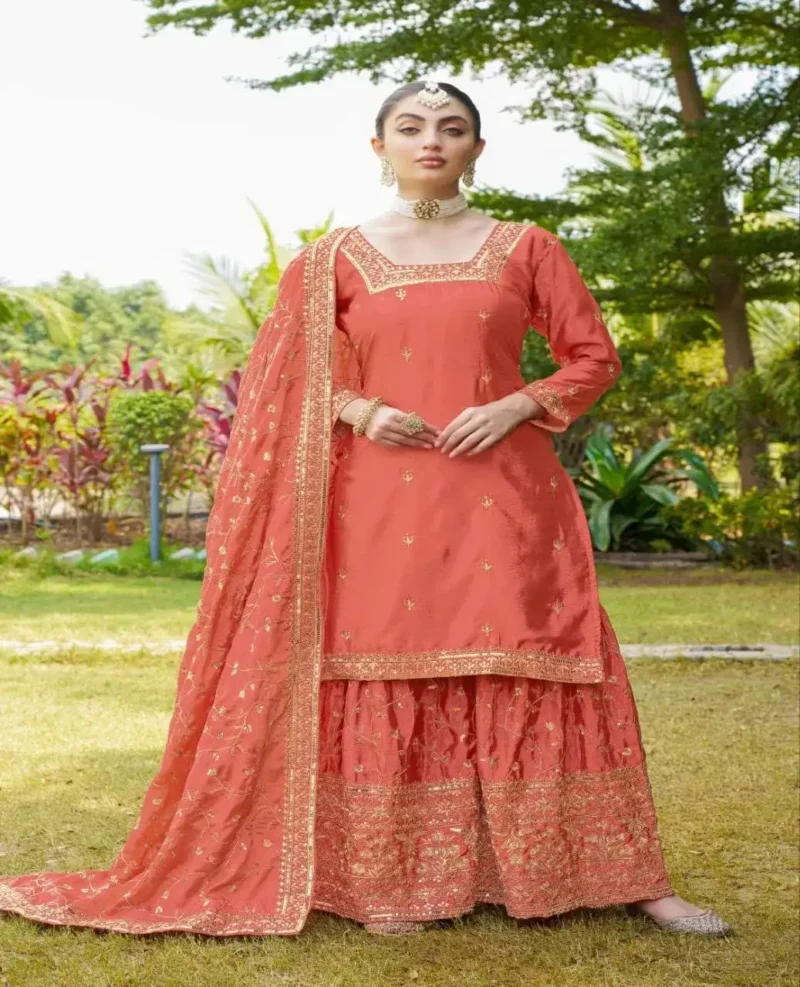 Coral Pink Designer Embroiderd Chinon Suit with Sequins Embroidery Work
