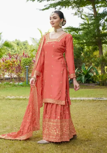 Coral Pink Designer Embroiderd Chinon Suit with Sequins Embroidery Work