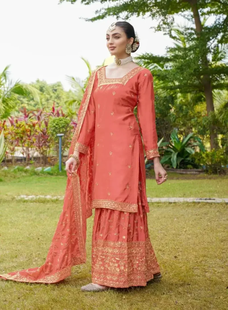 Coral Pink Designer Embroiderd Chinon Suit with Sequins Embroidery Work