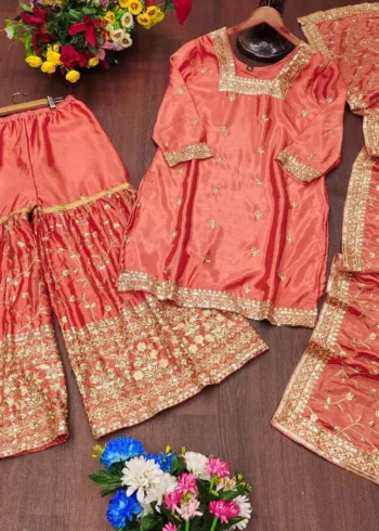 Coral Pink Designer Embroiderd Chinon Suit with Sequins Embroidery Work