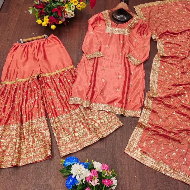 Coral Pink Designer Embroiderd Chinon Suit with Sequins Embroidery Work