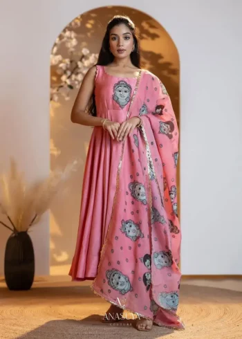 Digital Kalamkari Printed Chinon Silk Gown with Dupatta