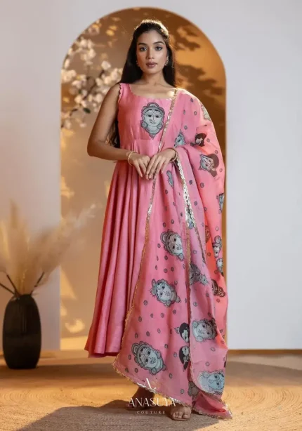 Digital Kalamkari Printed Chinon Silk Gown with Dupatta