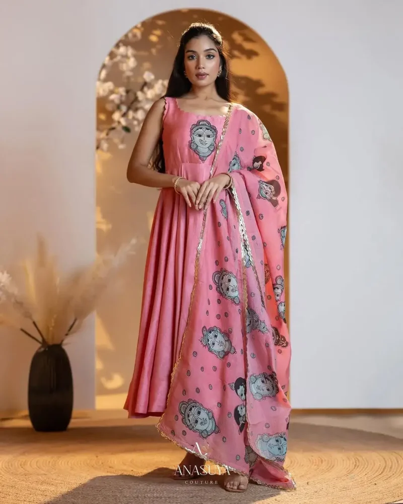 Digital Kalamkari Printed Chinon Silk Gown with Dupatta