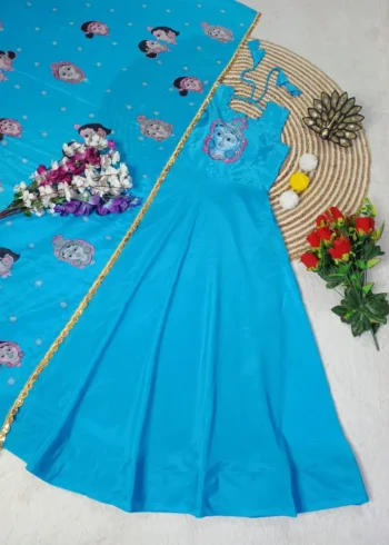 Digital Kalamkari Printed Chinon Silk Gown with Dupatta