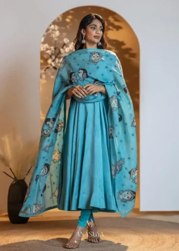 Digital Kalamkari Printed Chinon Silk Gown with Dupatta