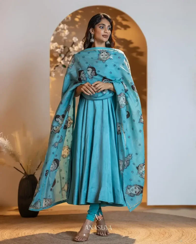 Digital Kalamkari Printed Chinon Silk Gown with Dupatta