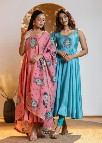 Digital Kalamkari Printed Chinon Silk Gown with Dupatta