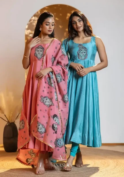 Digital Kalamkari Printed Chinon Silk Gown with Dupatta