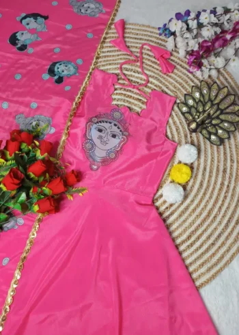 Digital Kalamkari Printed Chinon Silk Gown with Dupatta