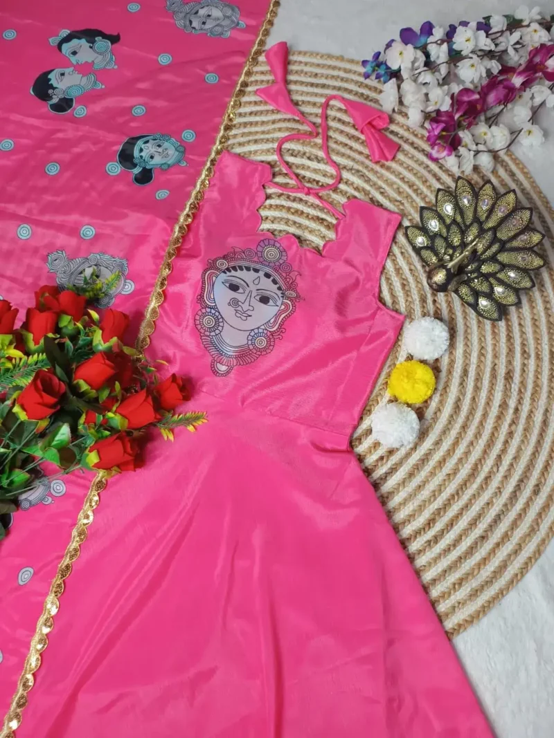 Digital Kalamkari Printed Chinon Silk Gown with Dupatta